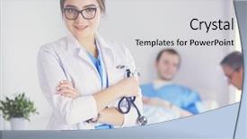  Presentation with doctor in hospital health insurance related icons healthcare person saving medical - Beautiful PPT theme featuring general science - woman doctor standing with stethoscope backdrop and a light gray colored foreground