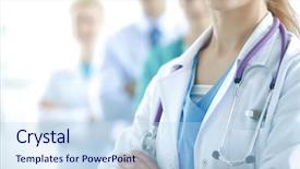  Presentation with doctor in hospital health insurance related icons healthcare person saving medical - Beautiful PPT theme featuring general science - woman doctor standing with stethoscope backdrop and a sky blue colored foreground