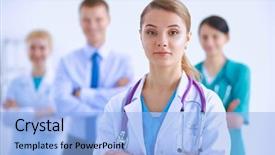  Presentation with hospital - Beautiful slide deck featuring general science - woman doctor standing with stethoscope backdrop and a  colored foreground
