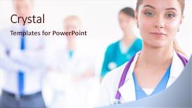  Presentation with hospital - Slide deck with general science - woman doctor standing with stethoscope background and a  colored foreground