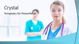  Presentation with general science - Slide deck featuring general science - woman doctor standing with stethoscope background and a cool aqua colored foreground