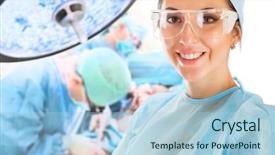  Presentation with operation room - Slide set with general science - young female doctor in operation background and a light blue colored foreground