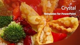  Presentation with restaurant kitchen - PPT theme featuring general tso fried rice crab rangoon in kitchen or restaurant setting background and a crimson colored foreground