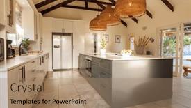  Presentation with kitchen design - Presentation theme featuring general-view-of-modern-kitchen background and a coral colored foreground