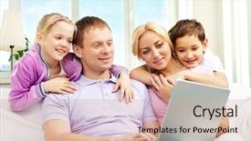  Presentation with laptop screen frame - Presentation with generation computerscomputer - family of four sitting background and a  colored foreground