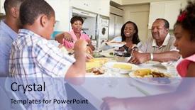  Presentation with teachers working around a table - Presentation design with generation family sitting around table background and a light blue colored foreground