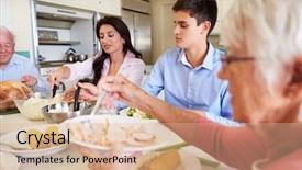  Presentation with teachers working around a table - Cool new presentation theme with generation family sitting around table backdrop and a coral colored foreground