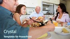  Presentation with teachers working around a table - Presentation design enhanced with generation family sitting around table background and a ocean colored foreground