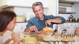  Presentation with teachers working around a table - Beautiful presentation design featuring generation family sitting around table backdrop and a  colored foreground
