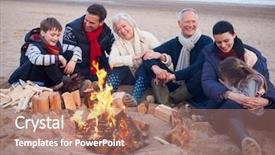  Presentation with winter family - Audience pleasing slide deck consisting of generation family sitting by fire backdrop and a coral colored foreground