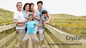  Presentation with holding hands family walking - Theme having generation family walking along wooden background and a coral colored foreground