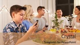  Presentation with dinner party - Presentation theme with generation mobile networks - technology holidays and people concept background and a coral colored foreground
