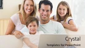  Presentation with kids room children smile - Presentation theme having computer generation - family in living room background and a  colored foreground