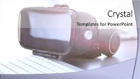  Presentation with virtual reality shooter - Theme featuring generation y - virtual reality goggles on desk background and a white colored foreground