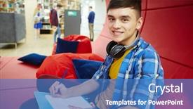  Presentation with student - Slide set with generation z - portrait of smiling student resting background and a teal colored foreground