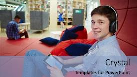  Presentation with using digital tablet - Amazing PPT theme having generation z - portrait of smiling young man backdrop and a  colored foreground