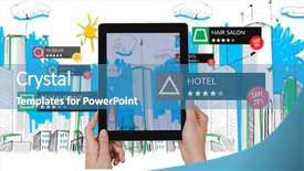  Presentation with tablet - PPT theme consisting of generational - tablet with applications against digitally background and a teal colored foreground