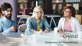  Presentation with design team - Cool new PPT theme with elaborate - group of thoughtful creative team backdrop and a sky blue colored foreground