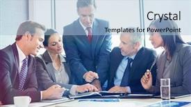  Presentation with safety interacting the public - PPT theme with electronic table plans - businesspeople interacting in conference room background and a light blue colored foreground