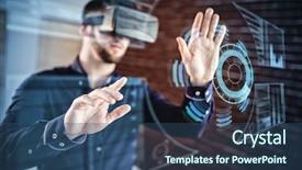  Presentation with interface - Presentation theme with digitally generated image of dashboard interface against man wearing virtual glass background and a ocean colored foreground