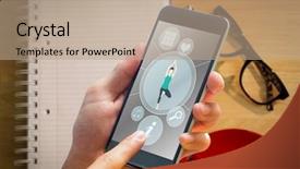  Presentation with smartphone - Presentation consisting of healthy workplace - hand holding smartphone against overhead background and a coral colored foreground