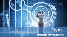  Presentation with hologram - Cool new PPT layouts with brunette businesswoman looking through binoculars backdrop and a teal colored foreground