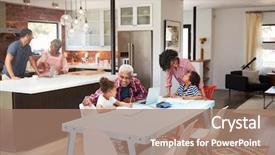  Presentation with children doing kids gym - Audience pleasing slide deck consisting of generations working together - children doing homework in busy backdrop and a coral colored foreground