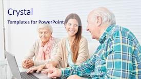  Presentation with senior couple - Colorful presentation theme enhanced with generations working together - young woman explains senior couple backdrop and a sky blue colored foreground