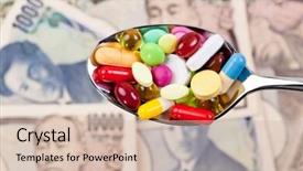  Presentation with tablets - Audience pleasing presentation theme consisting of generic drugs - tablets and japanese yen currency backdrop and a soft green colored foreground