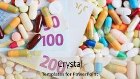  Presentation with pills money - PPT theme with generic pharmacy - euro money bills laying background and a soft green colored foreground