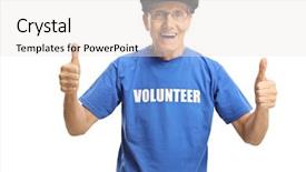  Presentation with volunteer - Cool new slide deck with generosity - cheerful elderly male volunteer backdrop and a white colored foreground