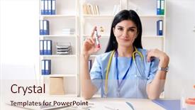  Presentation with middle ages portrait - Slide deck with genetic diagnosis - middle aged female doctor working background and a  colored foreground