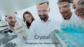  Presentation with small group working - Slide set with genetic engineering - group of pharmacists working background and a light blue colored foreground