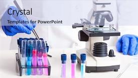  Presentation with lab test - Slide deck featuring genetic manpulition - lab technician working with equipment background and a light blue colored foreground