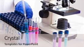  Presentation with lab test - PPT theme consisting of genetic manpulition - lab technician working with equipment background and a  colored foreground