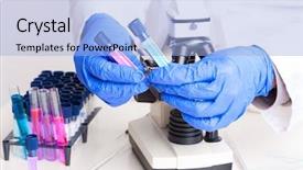  Presentation with lab test - PPT theme featuring genetic manpulition - lab technician working with equipment background and a light blue colored foreground