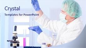  Presentation with lab test - Slides having genetic manpulition - lab technician working with equipment background and a sky blue colored foreground