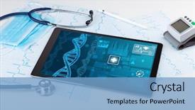  Presentation with medical devices - Slide set enhanced with genetic test and biotechnology concept background and a light blue colored foreground