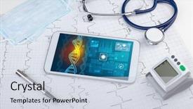  Presentation with medical devices - PPT theme enhanced with genetic test and biotechnology concept background and a sky blue colored foreground