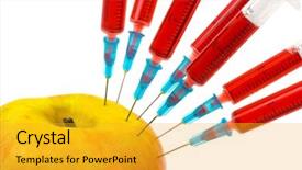  Presentation with apple computers - Amazing theme having genetica hormonios - apple and syringes isolated backdrop and a gold colored foreground