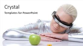  Presentation with green apple - Audience pleasing theme consisting of genetically modified food - cyber woman choosing between green backdrop and a white colored foreground