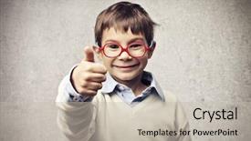  Presentation with child drinking water from glass - Audience pleasing presentation theme consisting of genius - child with glasses thumbs up backdrop and a light gray colored foreground