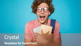  Presentation with backpack - Presentation design featuring genius - photo of nerd student guy background and a red colored foreground