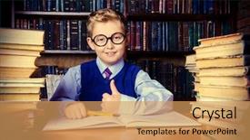  Presentation with many old books - PPT layouts having genius - smart boy in a suit background and a yellow colored foreground