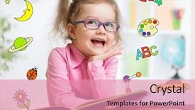  Presentation with eyeglasses - Cool new presentation theme with genius kids - funny smart kid in eyeglasses backdrop and a coral colored foreground