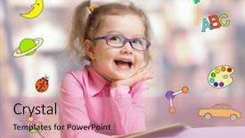  Presentation with child girl reading a book - Slide deck with genius kids - happy child girl in glasses background and a coral colored foreground
