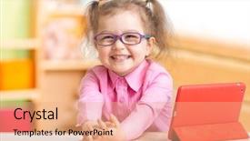  Presentation with books - PPT layouts enhanced with genius kids - smart kid in spectacles reading background and a coral colored foreground