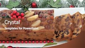  Presentation with christmas holly - Slide set having genoa cake and slices with holly red bauble christmas decorations and winter greenery over white background background and a tawny brown colored foreground