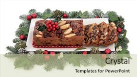  Presentation with christmas holly - Cool new theme with genoa cake with holly mistletoe christmas red bauble decorations and winter greenery over white background backdrop and a soft green colored foreground