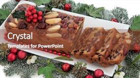  Presentation with holly - Slides having genoa cake with holly red bauble christmas decorations and winter greenery on a porcelain plate over white background background and a tawny brown colored foreground